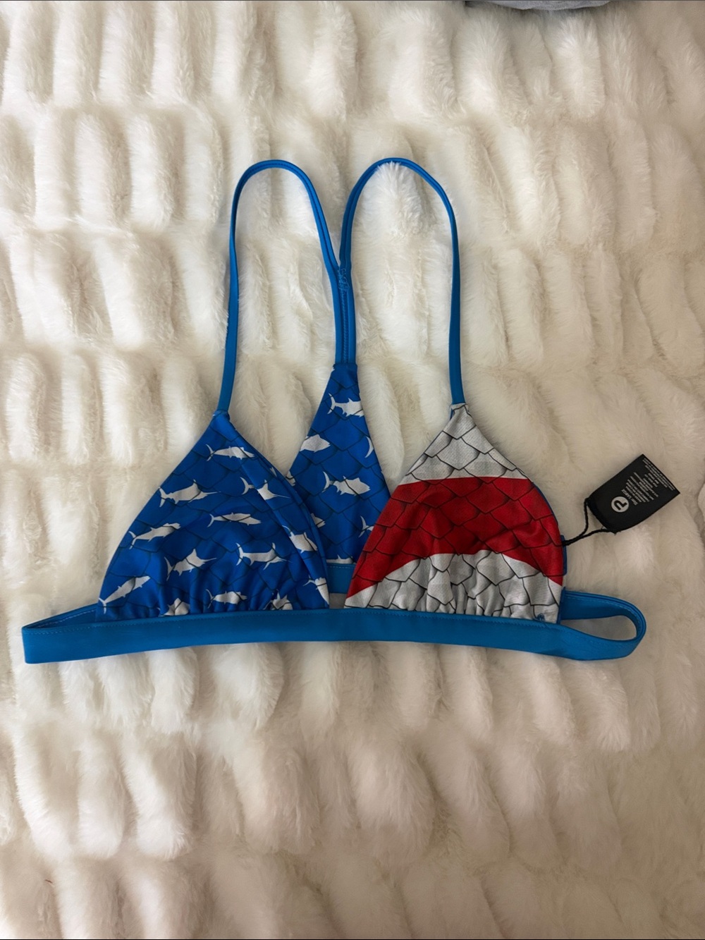 Pelagic Blue and Red Shark-Scale Triangle Bikini Top
